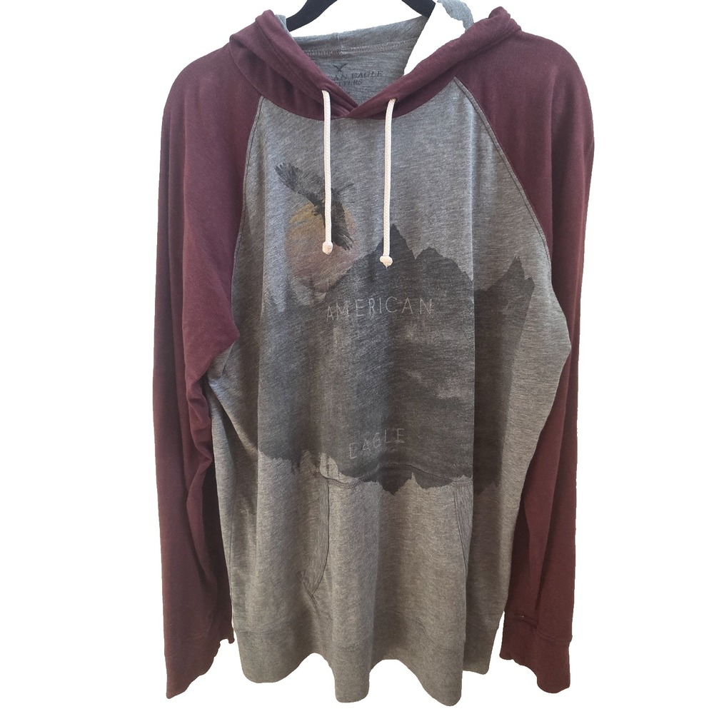 American Eagle Outfitters Mens XL Hoodie Gray Burgundy Eagle Graphic Pullover